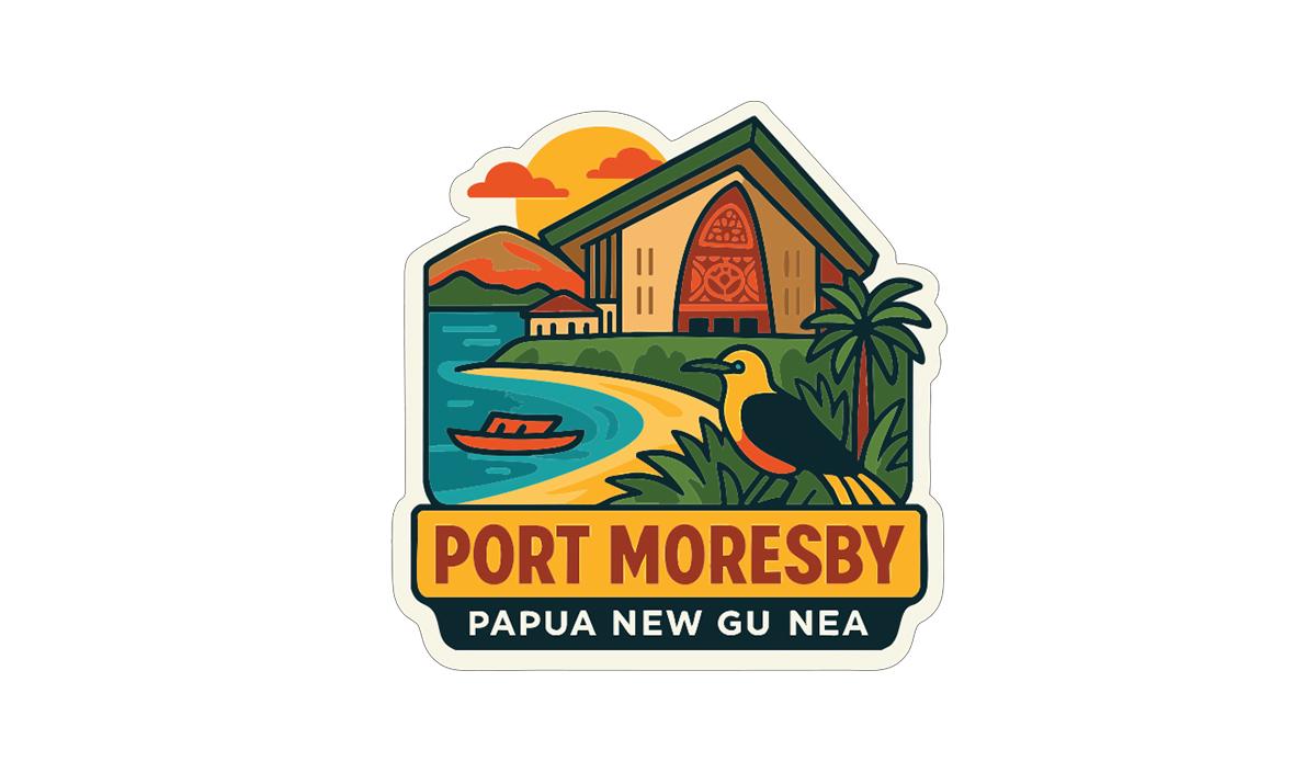 a colorful sticker or logo depicting a tropical beach scene with a house, palm trees, and a bird.