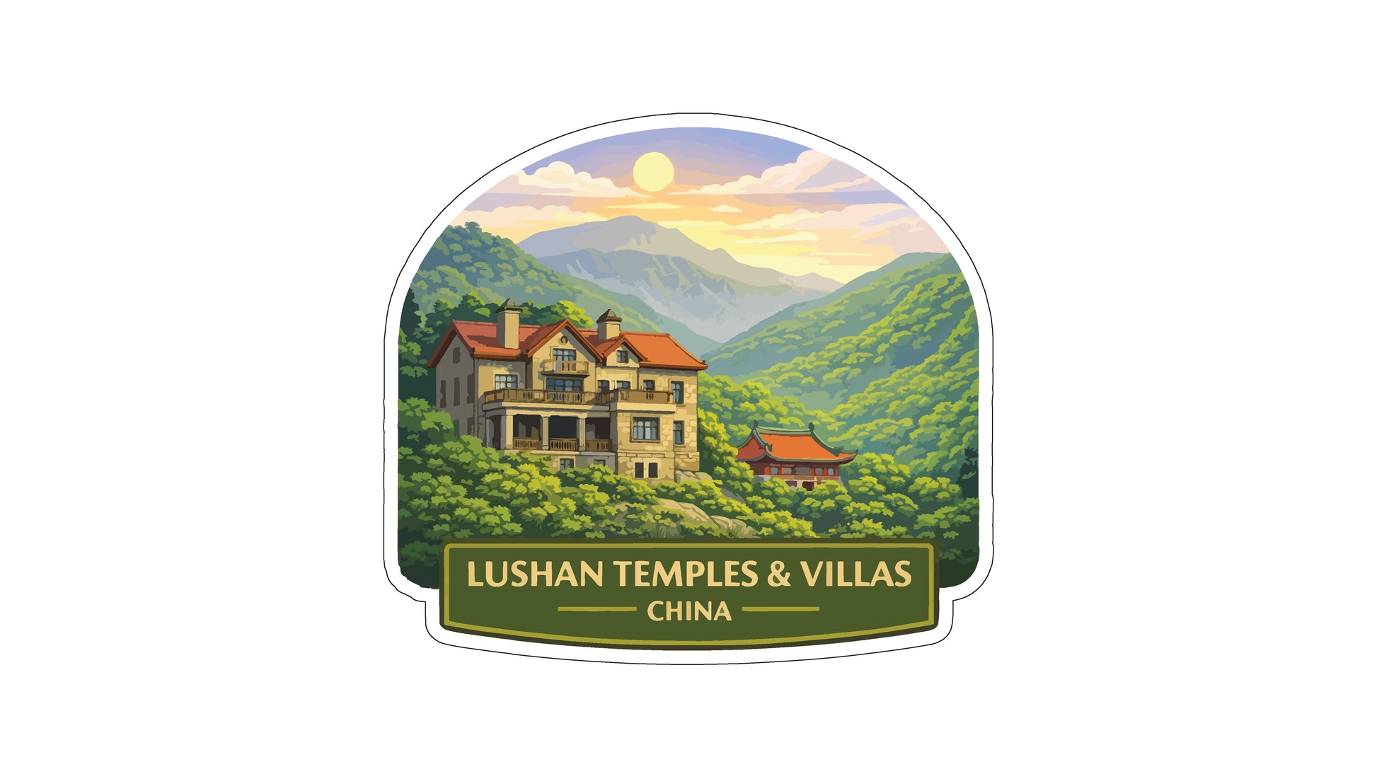 A sticker or label featuring a scenic landscape with a large house surrounded by mountains, trees, and a sunset sky.