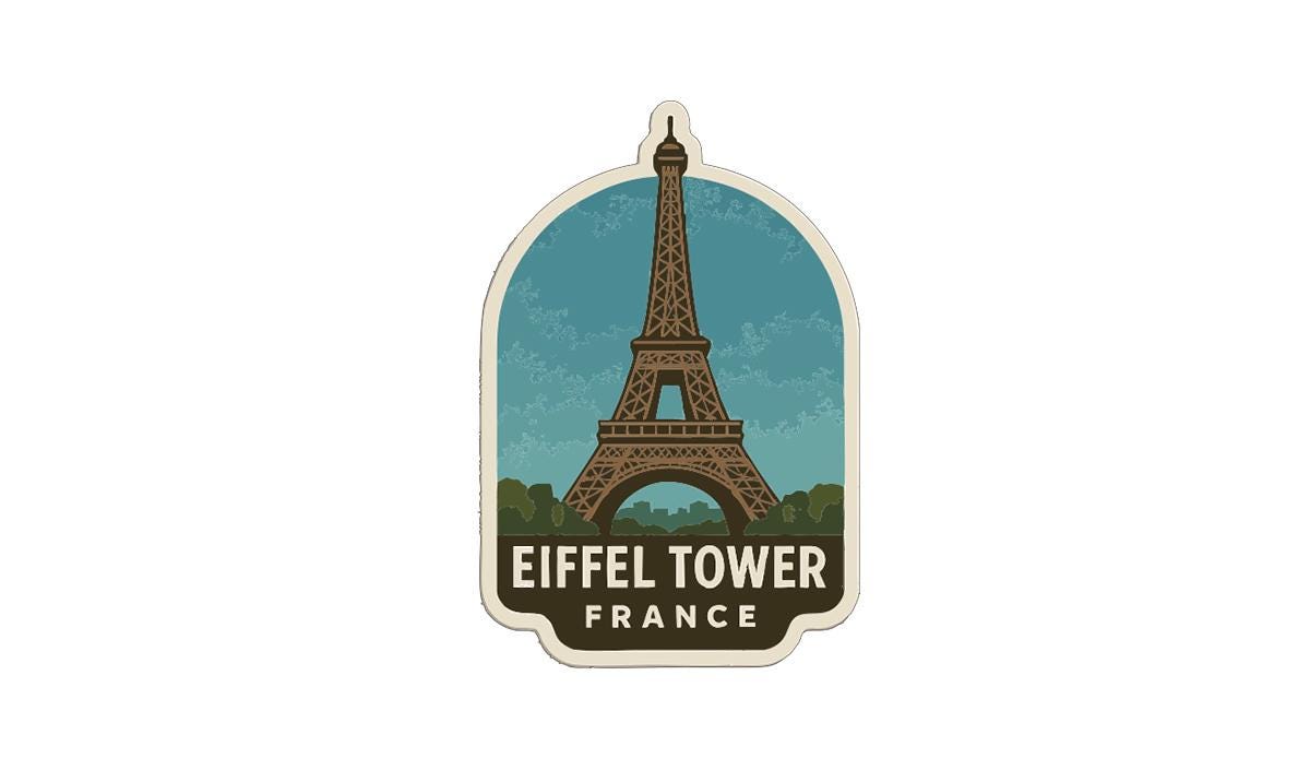 A sticker depicting the Eiffel Tower in Paris, France.