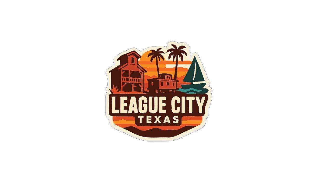A logo for League City, Texas, featuring a tropical beach scene with palm trees, a house, and a sailboat.