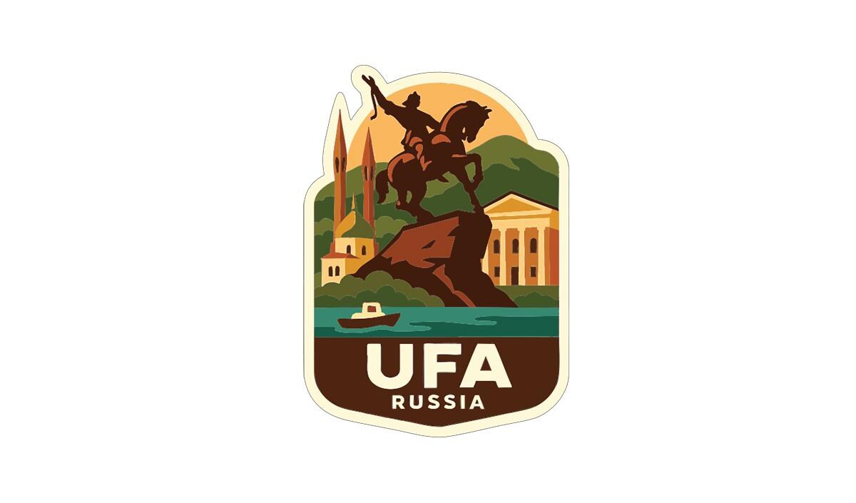 a sticker or emblem with a statue of a man on a horse, surrounded by a scenic landscape with buildings, a river, and a boat.