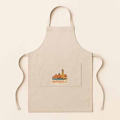 A beige apricot with a graphic of Naperville, Illinois, printed on it.
