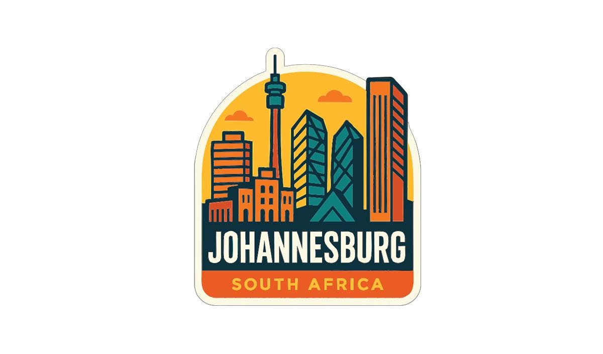 a stylized illustration of the Johannesburg skyline, with various buildings and landmarks depicted in a vibrant, colorful design.