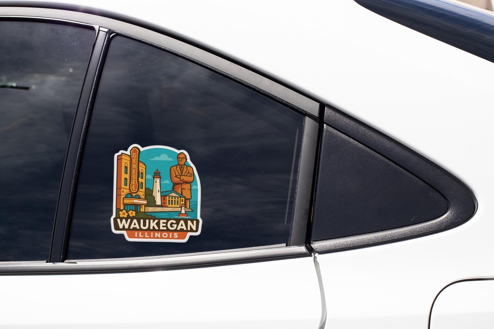 A sticker on the side of a car window, depicting a cityscape with a lighthouse and buildings, along with the text "Waukegan Illinois".