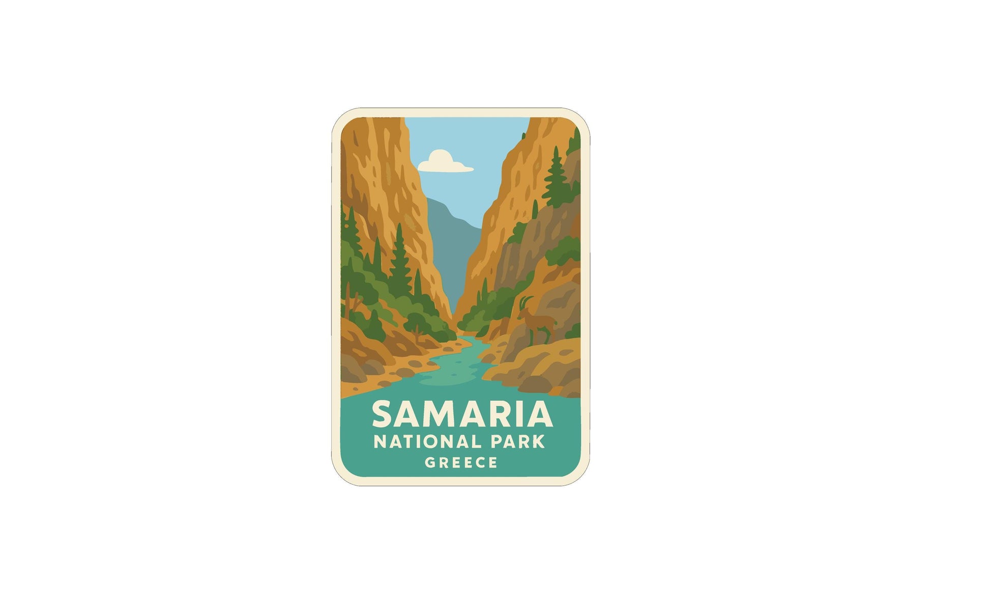 a sticker or label with a scenic illustration of a mountain landscape, including a river or stream running through it. The text on the sticker reads "SAMARIA NATIONAL PARK GREECE".