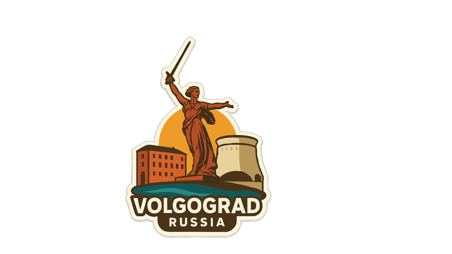 a sticker or emblem with a stylized depiction of a woman holding a sword, standing on a platform with a building and a tower in the background. The text "VOLGOGRAD RUSSIA" is prominently displayed below the image.