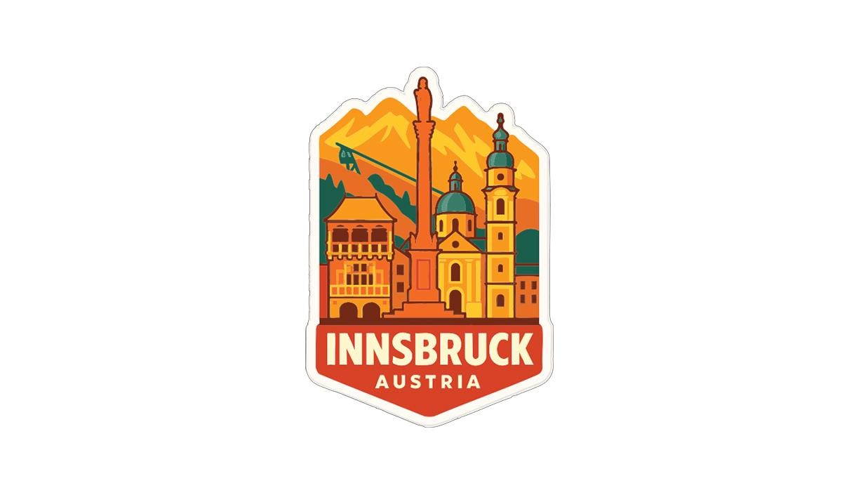 a sticker or emblem with a stylized illustration of a city skyline, including various buildings and landmarks, along with the text "INSBRUCK AUSTRIA".