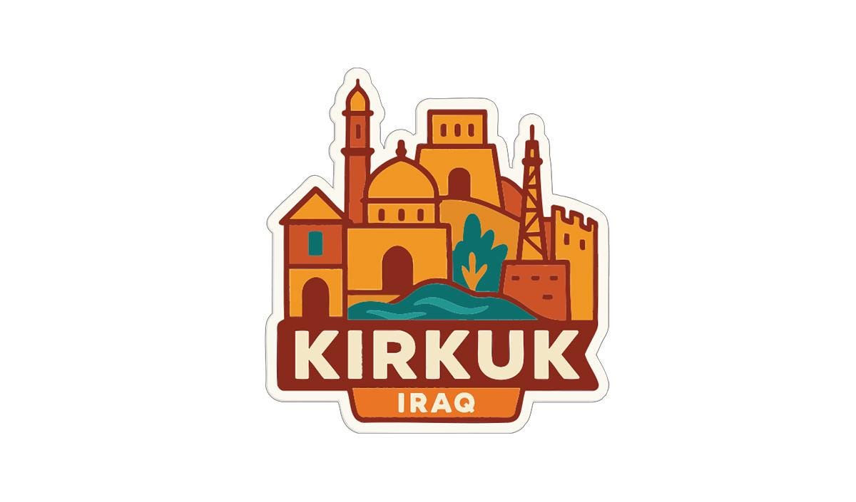 a sticker or logo with a stylized illustration of a city skyline, including buildings, towers, and a body of water. The text "KIRKUK" is prominently displayed in the center, and "IRaq" is written below it.