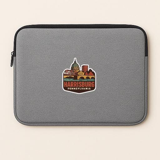 A gray laptop sleeve with a sticker of Harrisburg, Pennsylvania, printed on it.