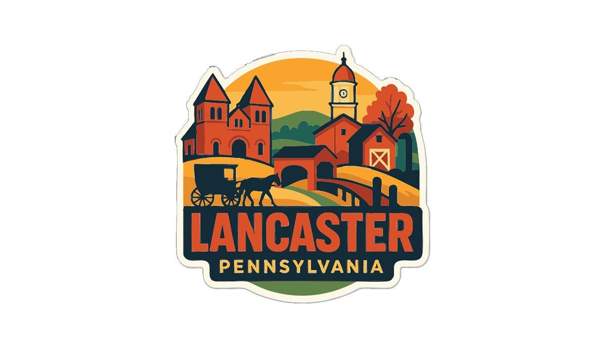 a sticker or emblem with a stylized illustration of a town or village, including a church, buildings, and a horse-drawn carriage. The text "LANCASTER PENNSYLVANIA" is prominently displayed, indicating the location or theme of the image.