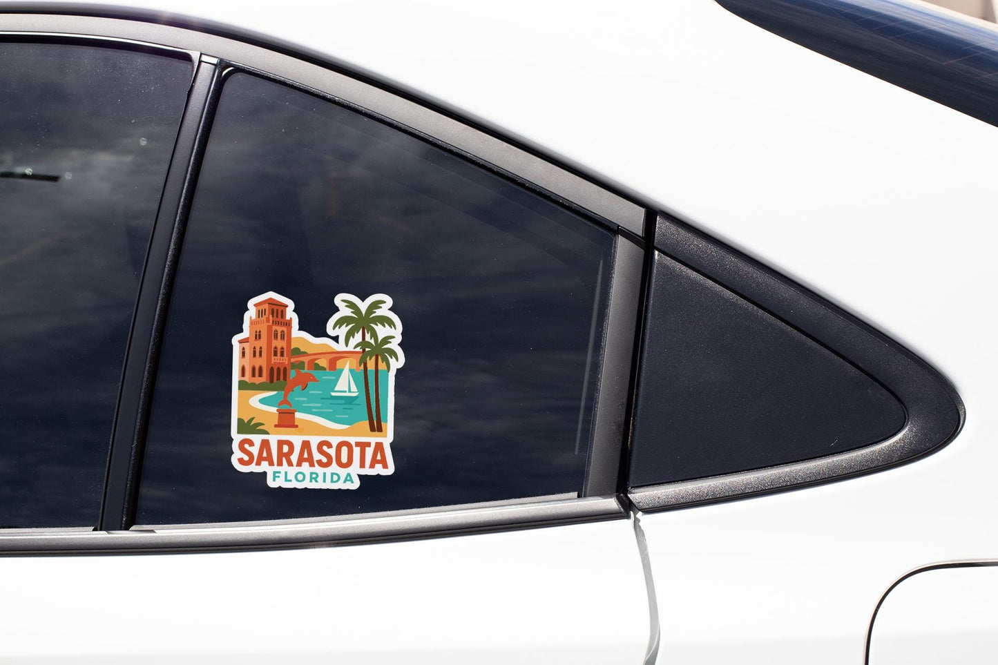 A sticker on the side of a car window that says "SARASOTA FLORIDA".