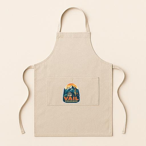 A beige apricot with a graphic of a mountain and the text "Vail, Colorado" printed on it.
