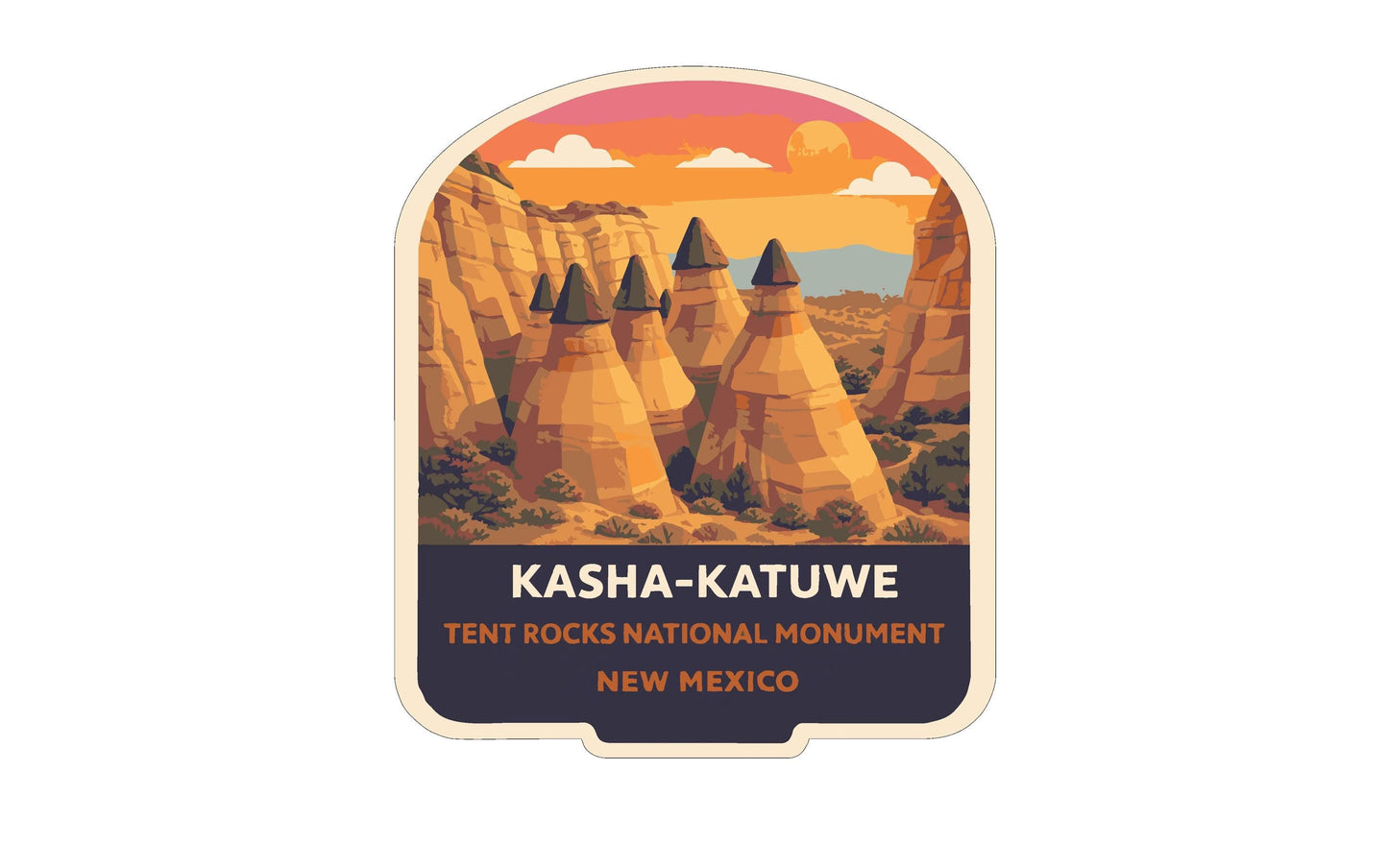 The image is a sticker or label featuring the iconic sandstone formations of the Kasha-Katuwe National Monument in New Mexico.