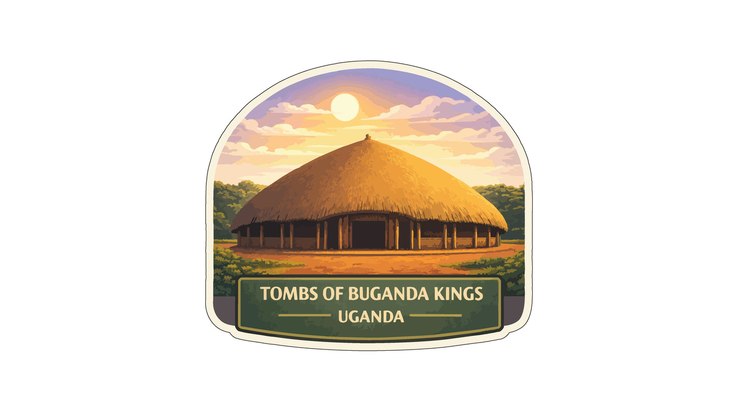 a traditional thatched-roof hut with a sign that reads "TOMBS OF BUGANDA KINGS UGANDA".