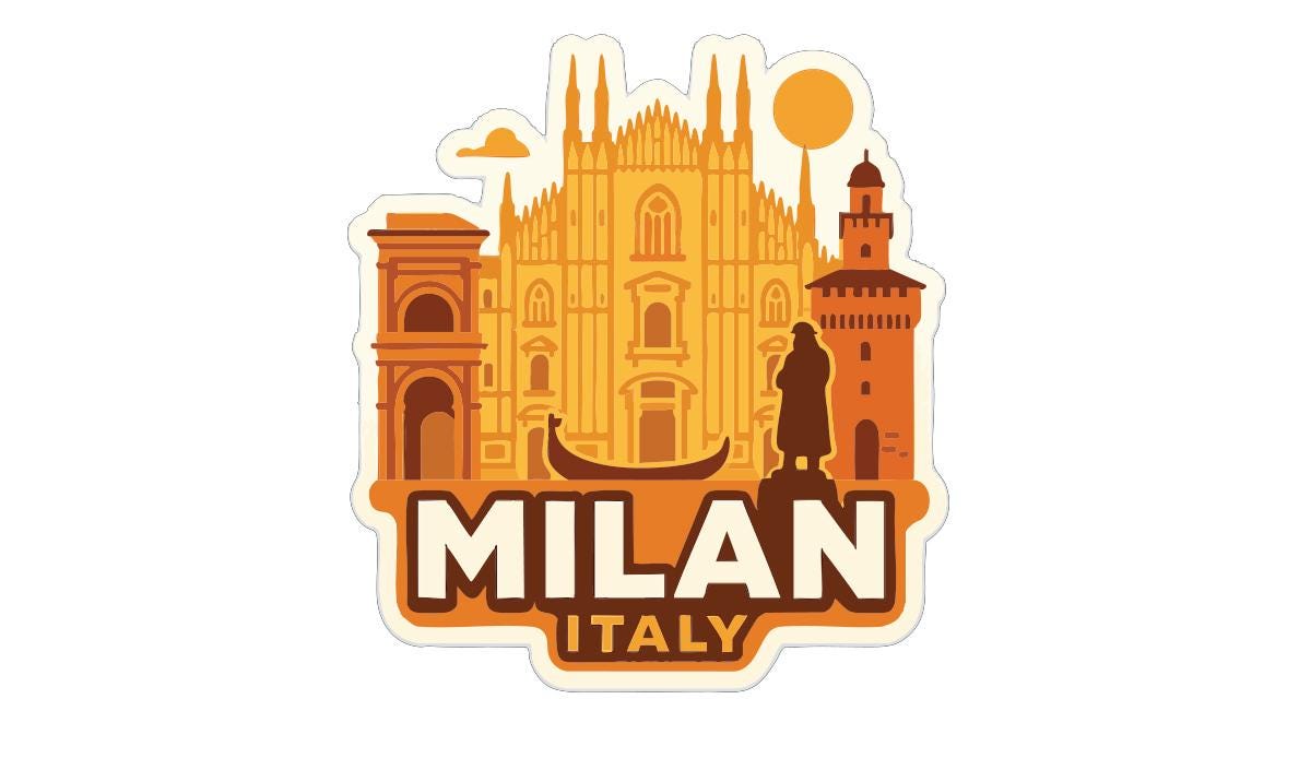 a stylized illustration of Milan, Italy, with various landmarks and architectural elements such as the Duomo di Milano, the Cathedral of San Giorgio Maggiore, and the Piazza San Marco.