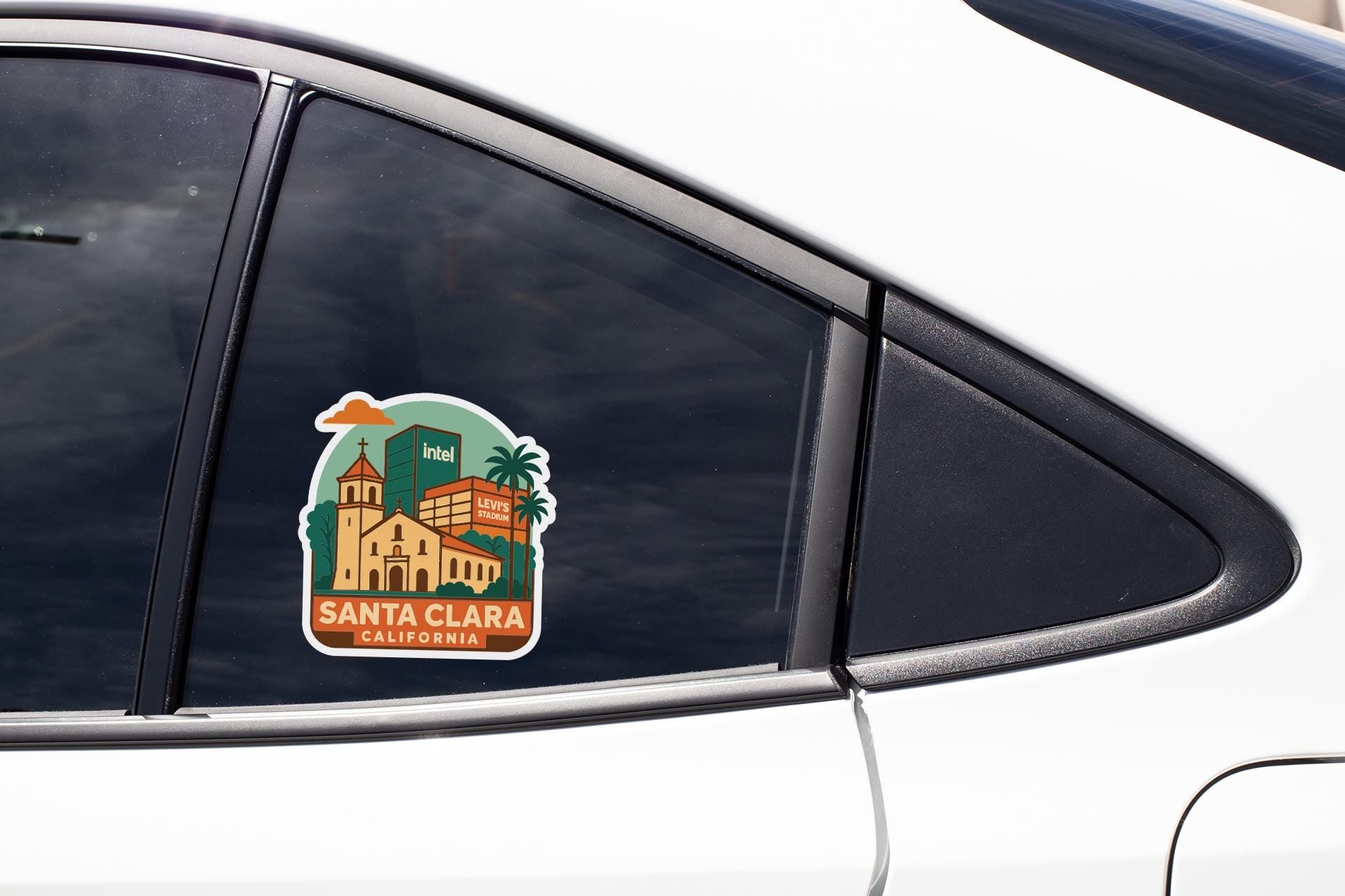 A sticker on the side of a car window, depicting Santa Clara, California.