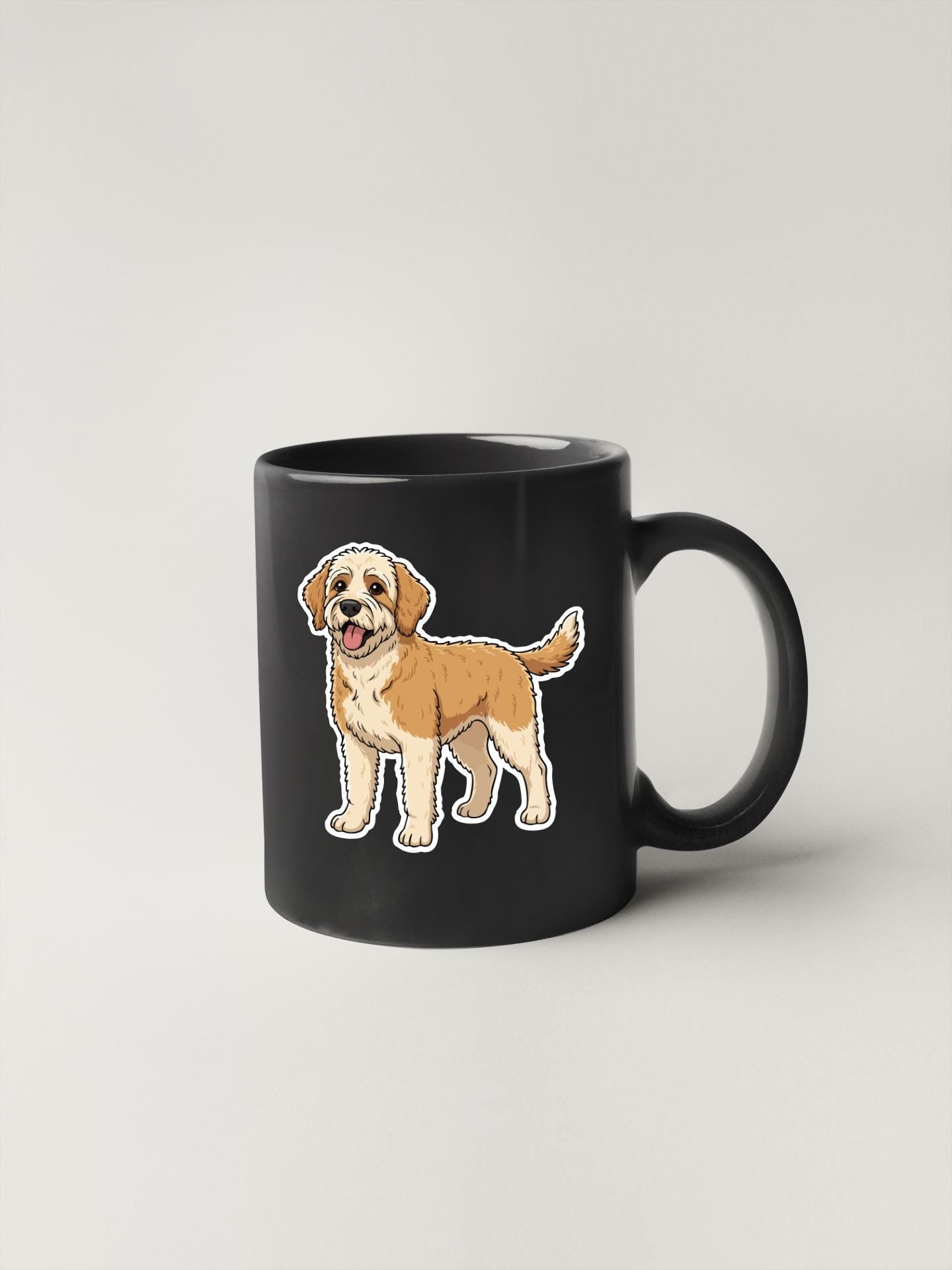 A black mug with a cartoon illustration of a dog on it.
