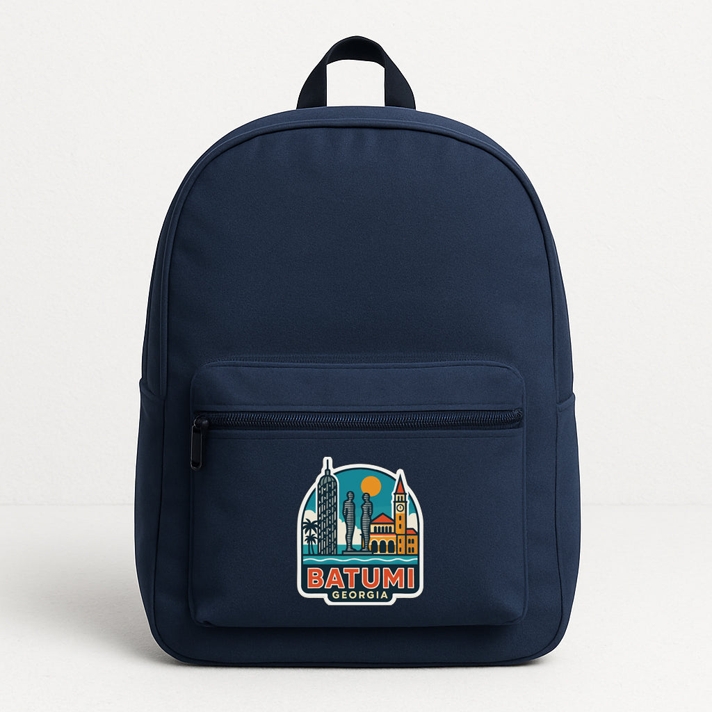 A navy blue backpack with a graphic of the city of Batumi, Georgia, printed on it.