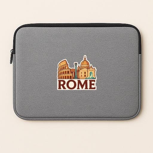 a gray laptop sleeve with a graphic of the Colosseum and the word "ROME" printed on it.