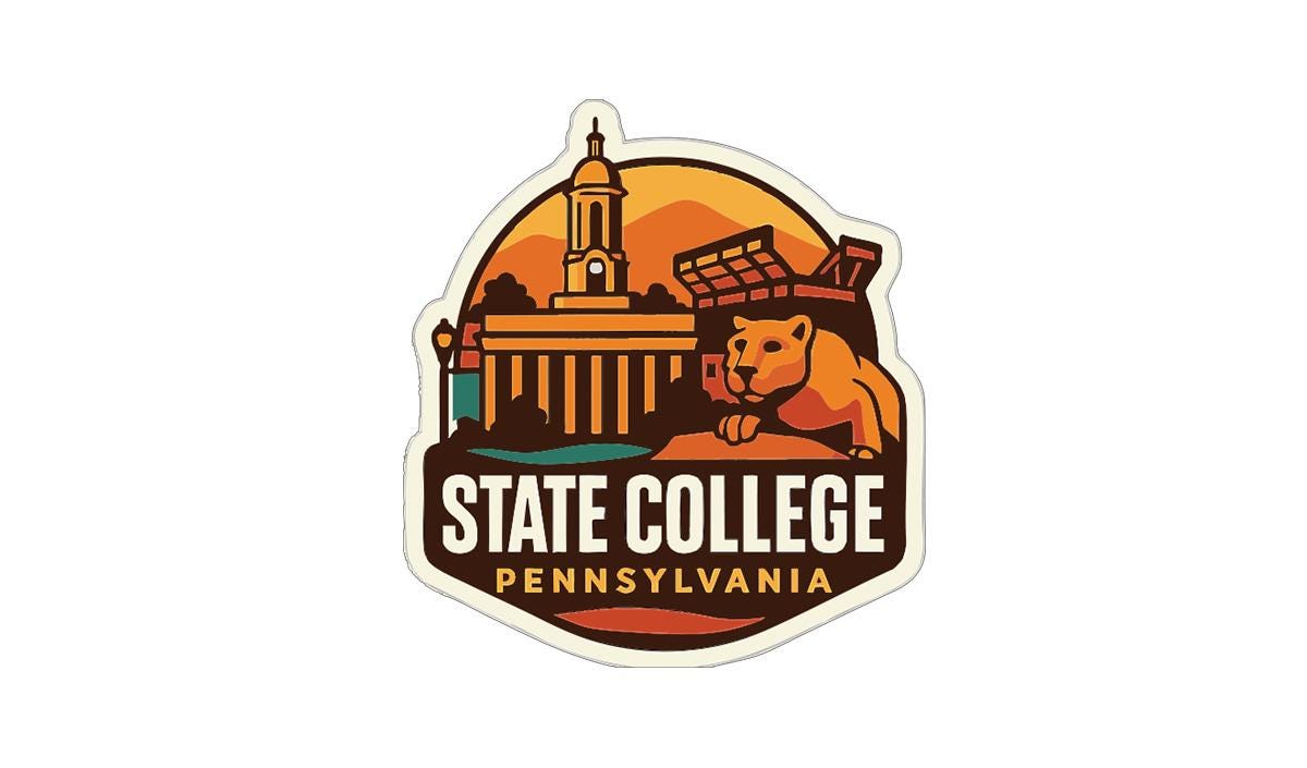 A sticker or emblem featuring the logo of State College, Pennsylvania, with a lion and other architectural elements.