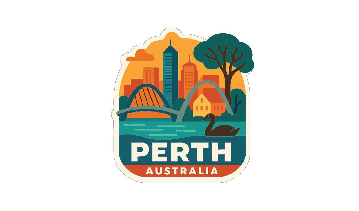 A stylized sticker or emblem featuring the city of Perth, Australia, with a bridge, trees, and a duck in the water.