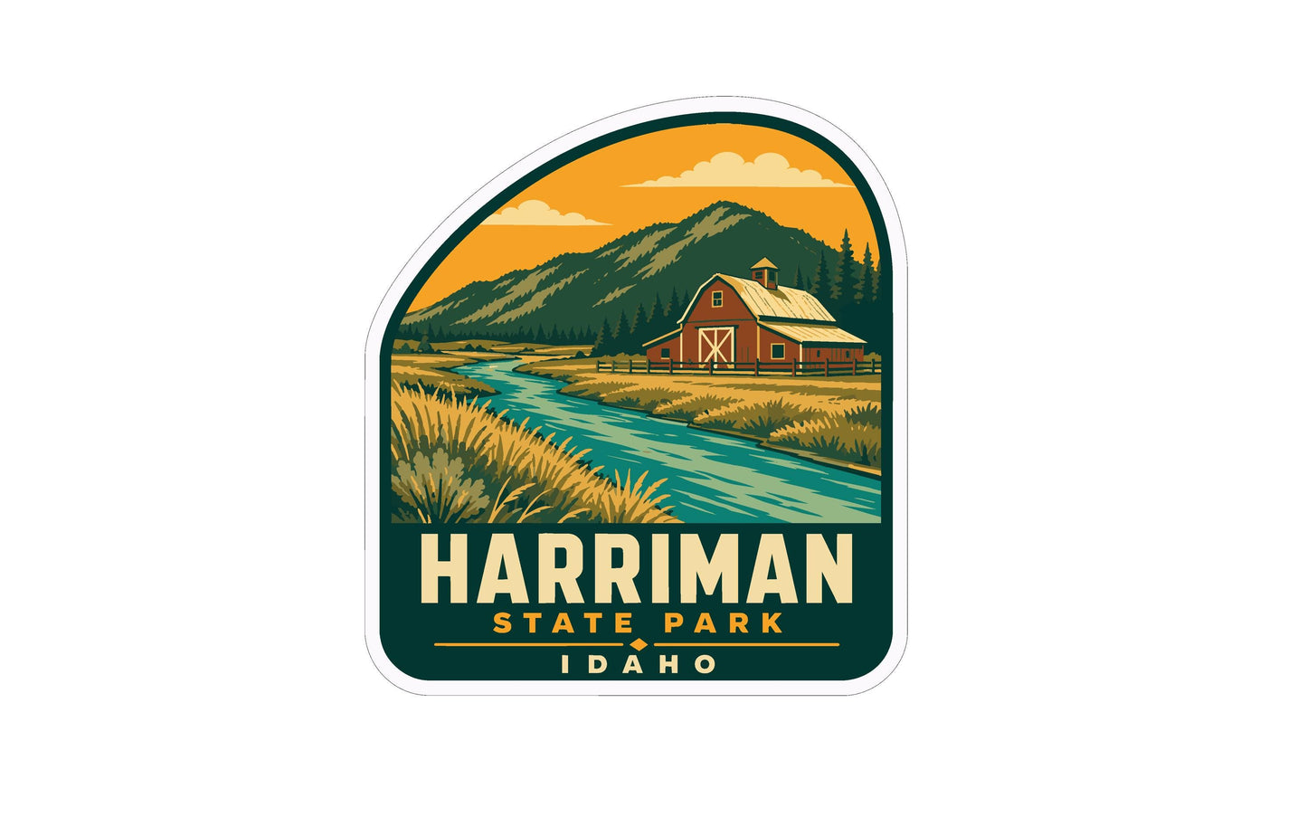 A sticker depicting a scenic landscape with a barn, river, and mountains in the background, along with the text "HARRMAN STATE PARK IDAHO".
