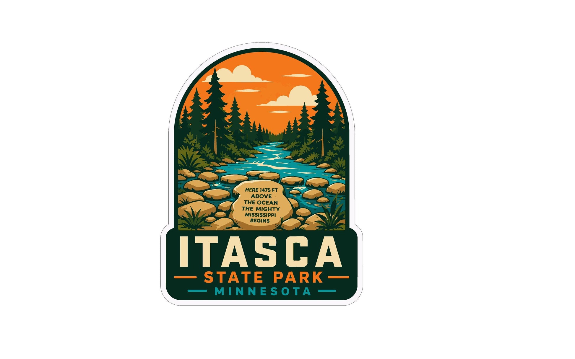 A sticker or label featuring a scenic landscape with a river, pine trees, and mountains, along with text indicating it is from the state park in Minnesota.