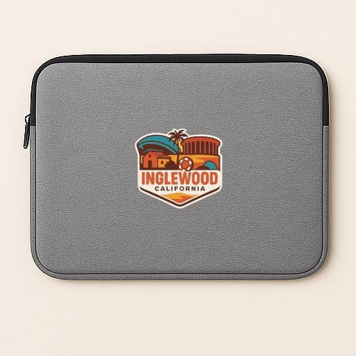 A gray laptop sleeve with a colorful logo that says "INGLEWOOD CALIFORNIA".