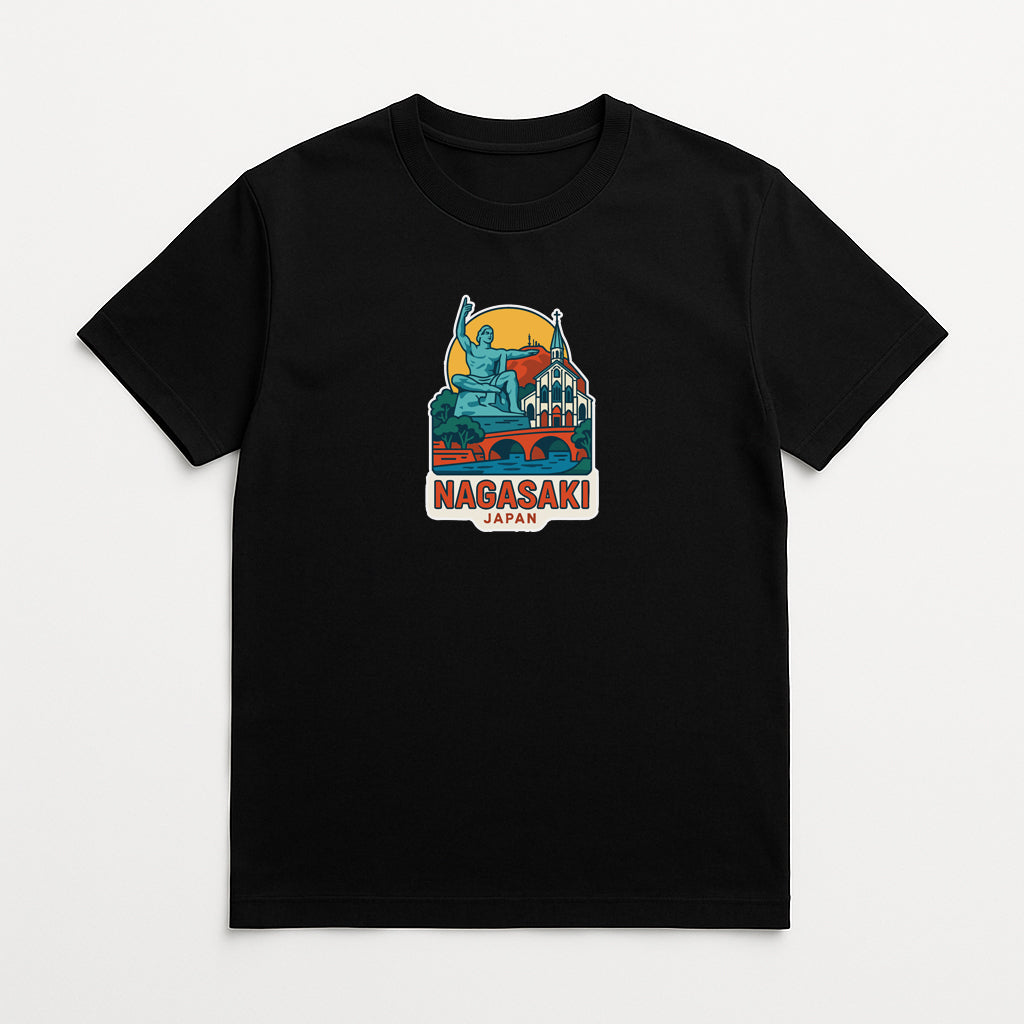 A black t-shirt with a graphic design depicting a statue of a person holding a shield, surrounded by a cityscape and a sun.