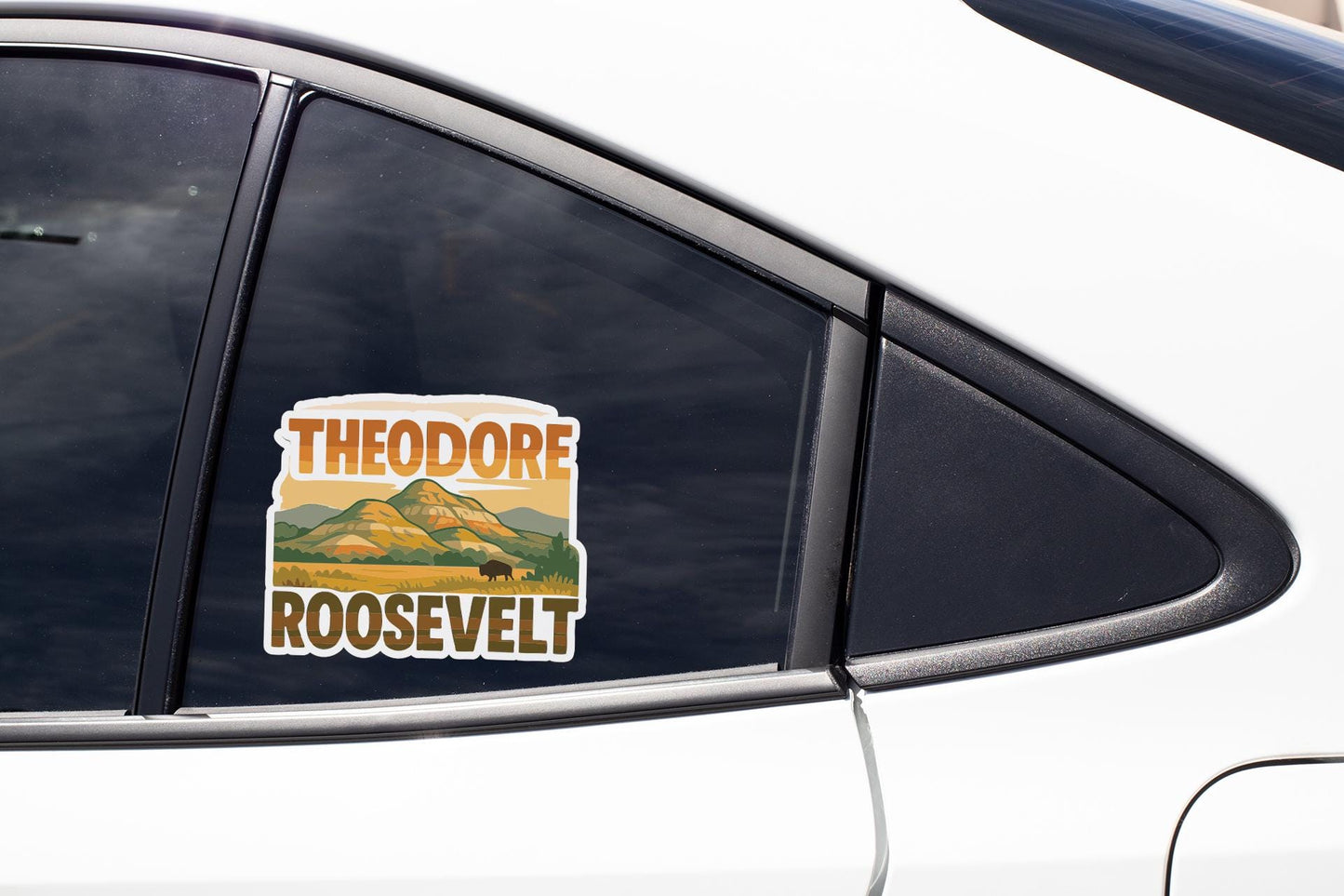 A sticker on the side of a car window that says "THEODORE ROOSEVELT".