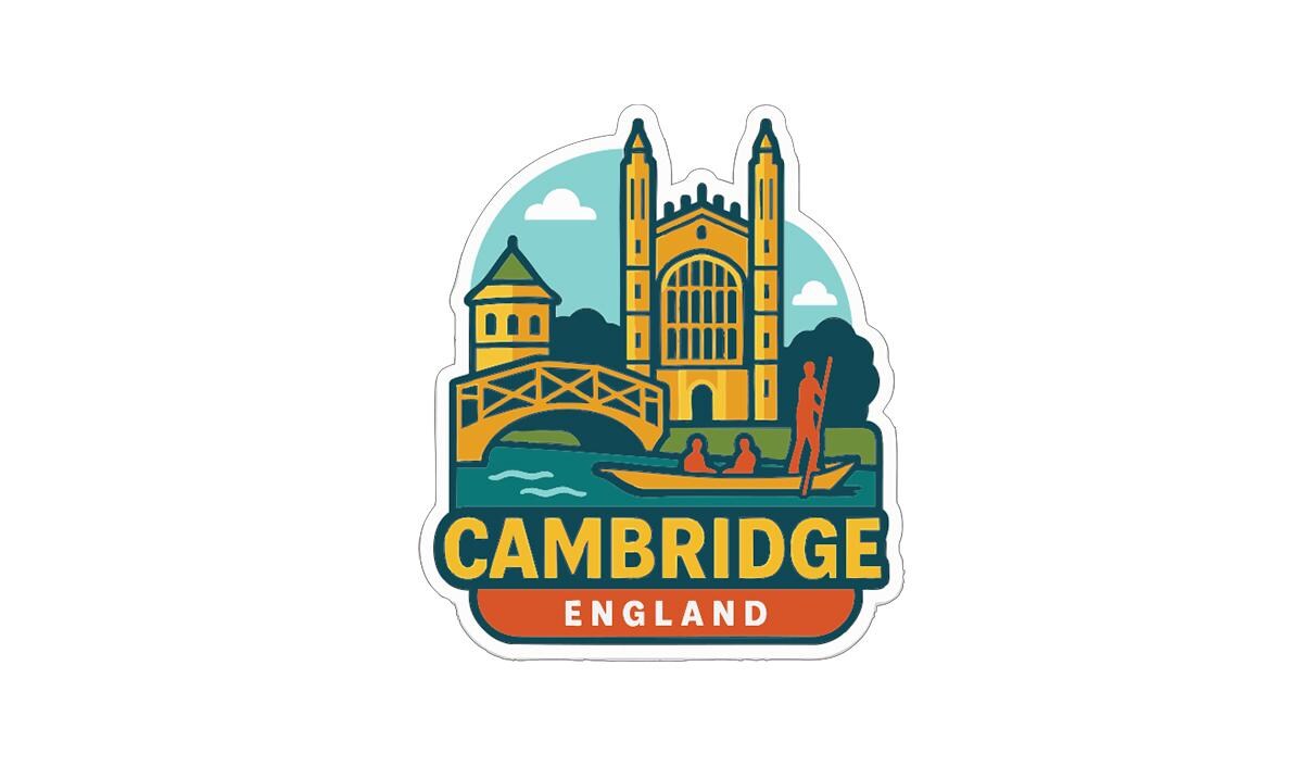 A sticker depicting the iconic architecture and landscape of Cambridge, England.