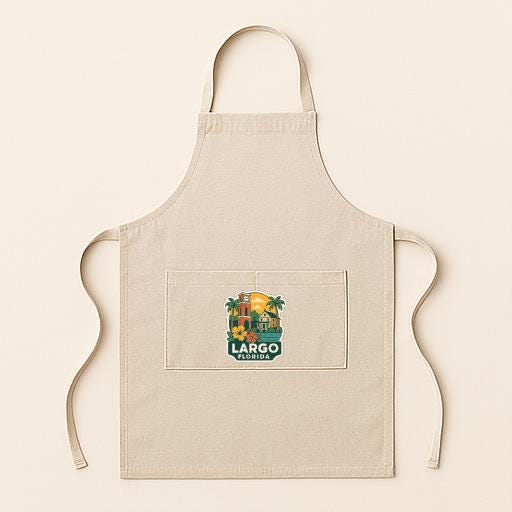 A beige apricot with a graphic design on the front pocket, featuring a tropical scene with palm trees and a sun.