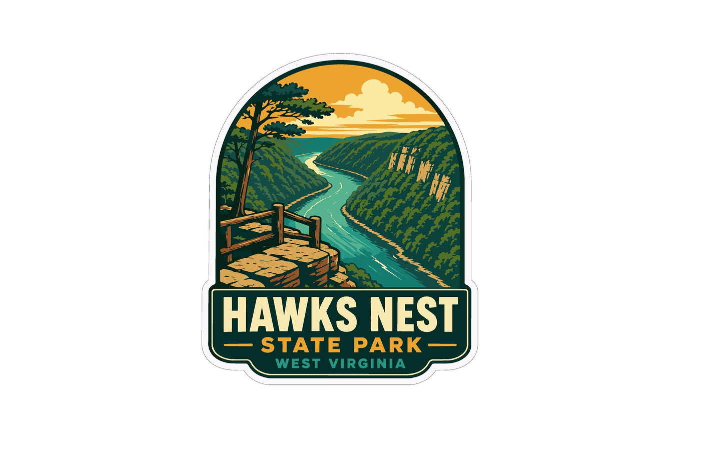 A sticker or emblem featuring a scenic landscape with a river, cliffs, and a wooden walkway, with the text "HAWKS NEST STATE PARK WEST VIRGINIA" prominently displayed.