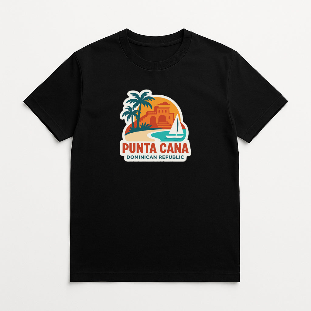 A black t-shirt with a graphic design depicting a tropical beach scene with palm trees, a building, and a sailboat.