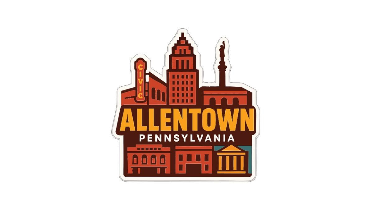 a stylized illustration of the town of Allentown, Pennsylvania, with various buildings and landmarks depicted in a colorful and artistic manner.