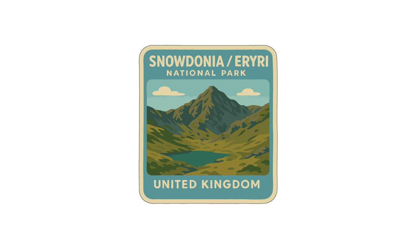 A vintage-style logo for Snowdonia National Park in the United Kingdom, featuring a mountain landscape with a lake in the foreground.