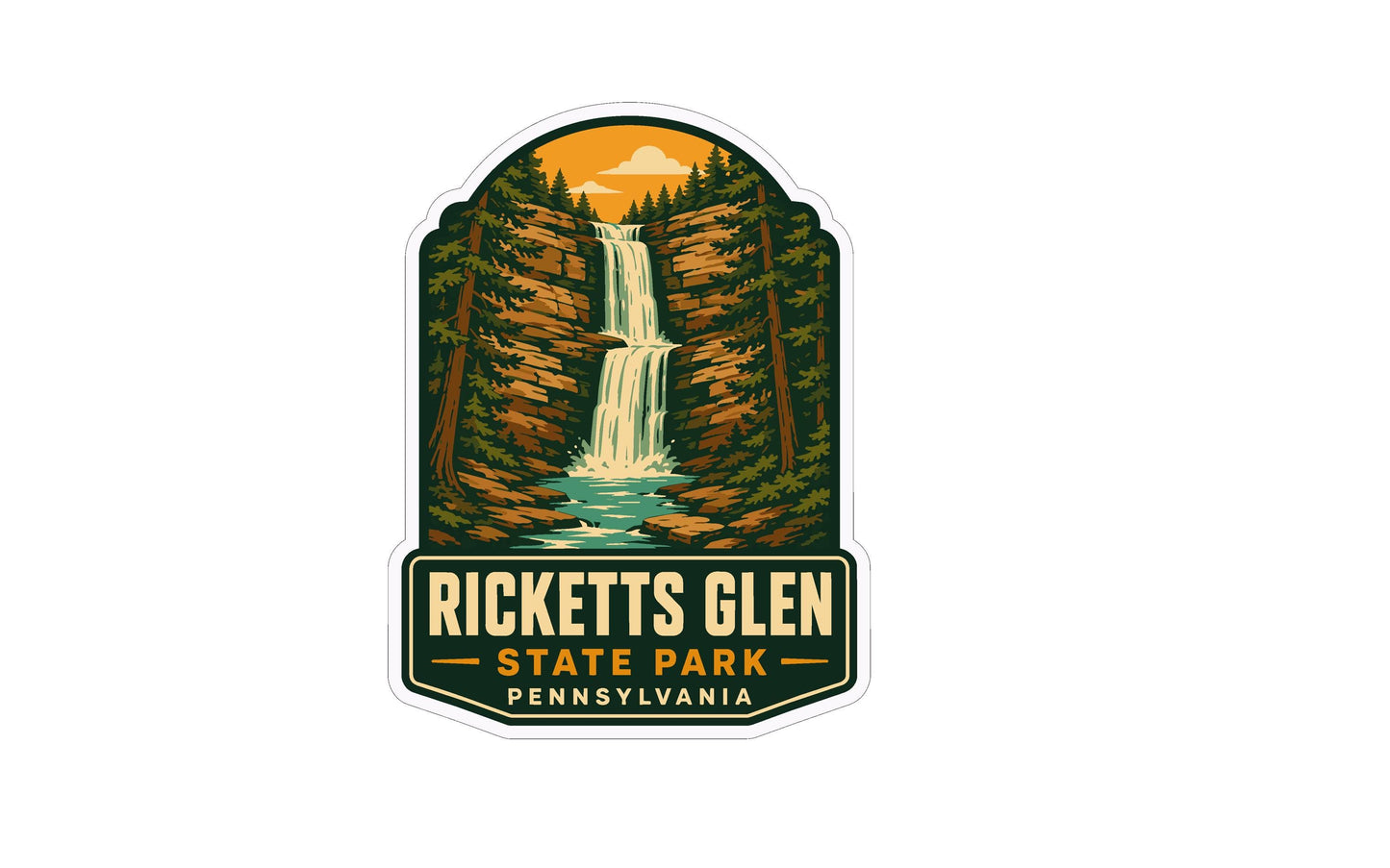 A sticker or label featuring a waterfall surrounded by trees and foliage, with the text "RICKETTS GLEN STATE PARK PENNSYLVANIA" prominently displayed.