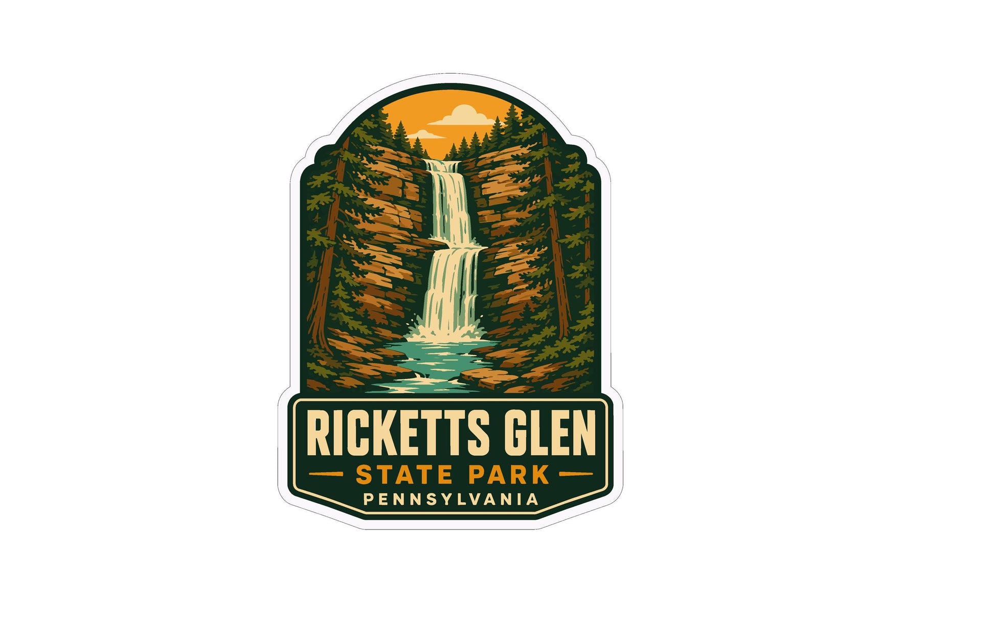 A sticker or label featuring a waterfall surrounded by trees and foliage, with the text "RICKETTS GLEN STATE PARK PENNSYLVANIA" prominently displayed.